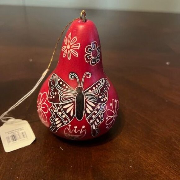 Handmade Lucuma Gourd Ornament With Butterfly Design & Floral Accents - Picture 2 of 5